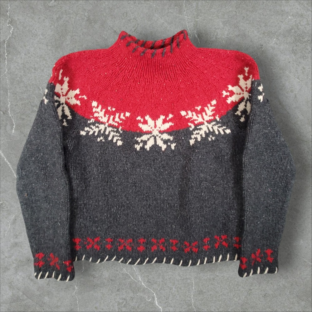 Woolrich Sweater Women Medium Grey Nordic Fairisle Lambswool Mock Neck Snowflake